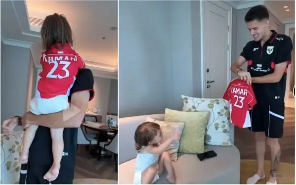 Justin Hubner, bek Timnas Indonesia, terekam kamera memberikan jersey Timnas kepada Kimmy, anak dari aktris Jennifer Coppen. Foto ini menunjukkan momen hangat dan tulus dari Justin Hubner, yang menuai banyak pujian di media sosial